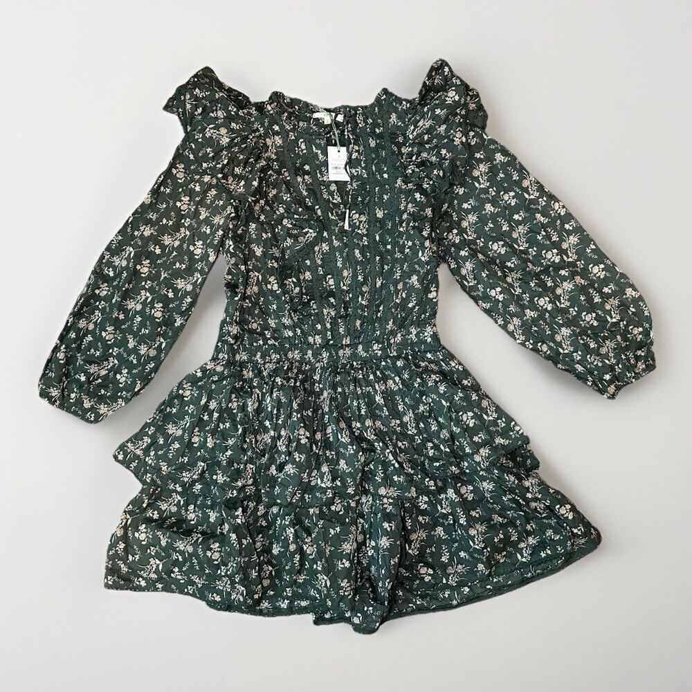 AE 77 American Eagle Floral Mini Ruffled Mini‎ Dress Cottagecore Green LARGE NWT